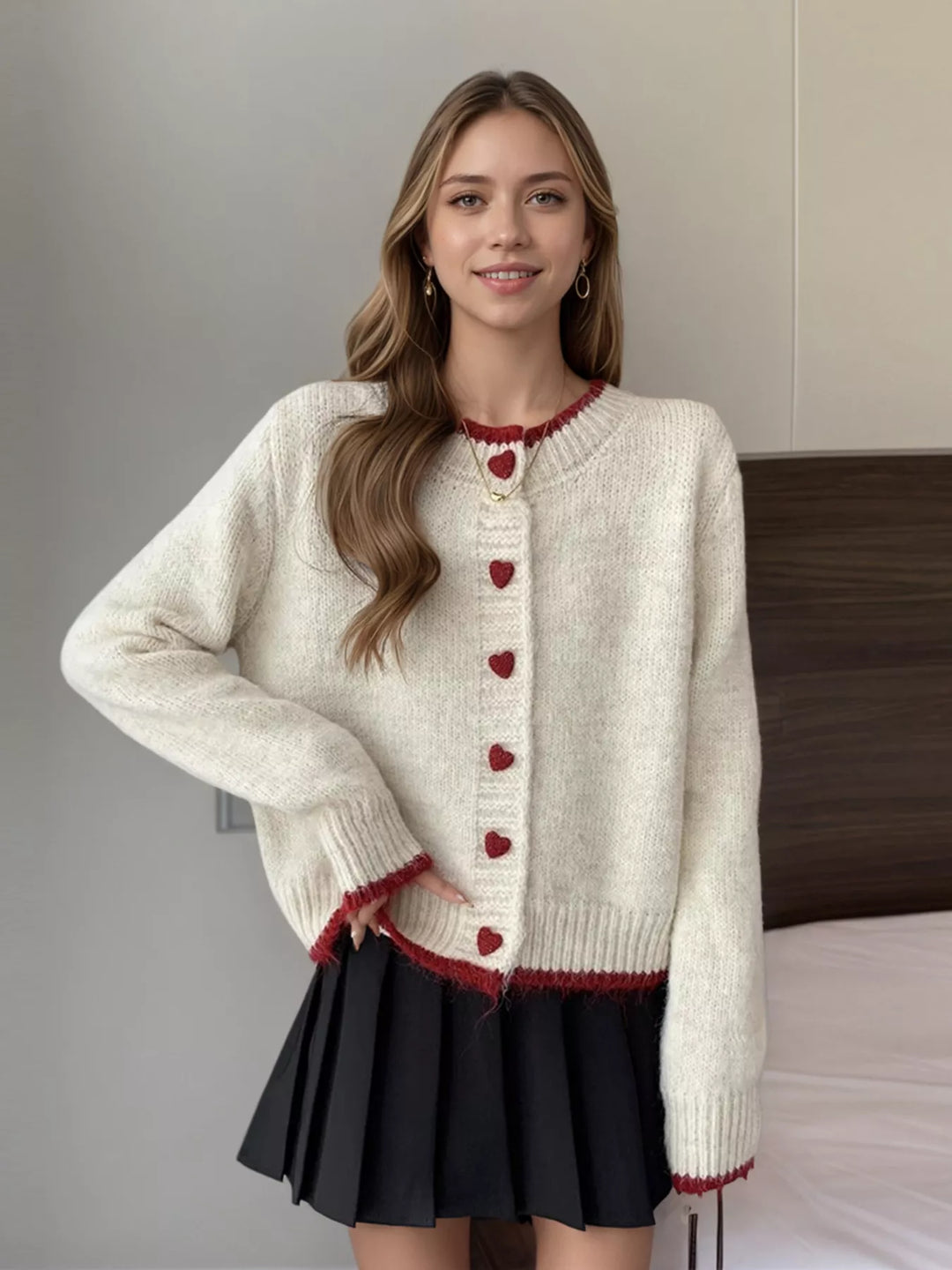 Ivory Heart button knit cardigan with contrast trim