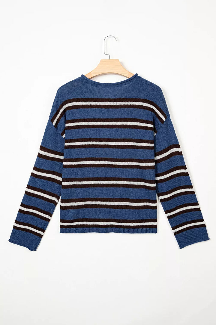 Striped drop shoulder button-front knit cardigan