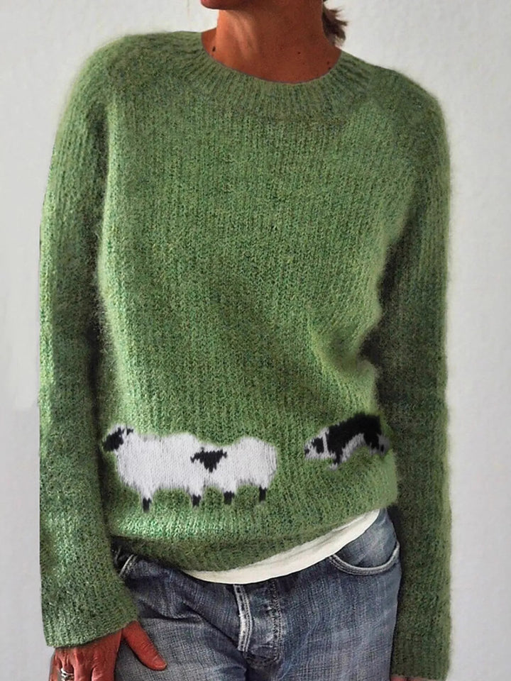 Green Sheep motif crew neck knit sweater with ribbed trim