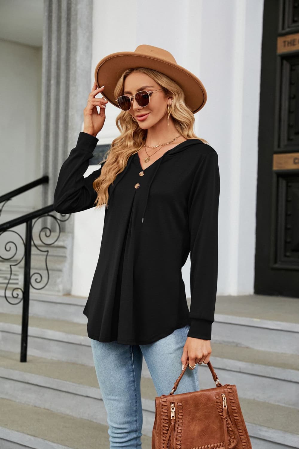 Hooded drawstring tunic blouse with button placket