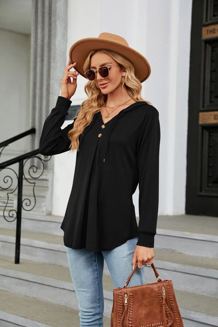 Hooded drawstring tunic blouse with button placket