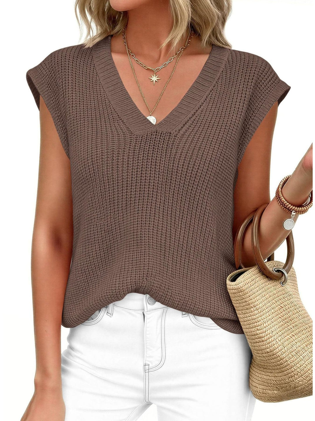V-neck cap sleeve waffle knit sweater vest