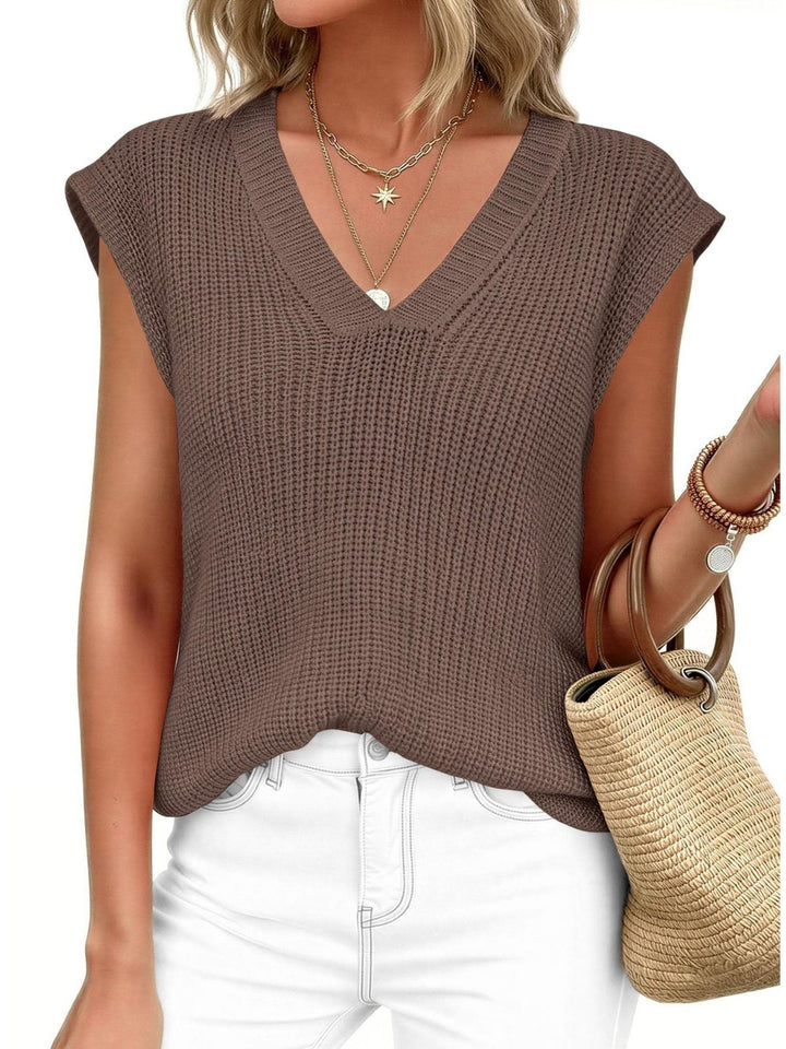 V-neck cap sleeve waffle knit sweater vest
