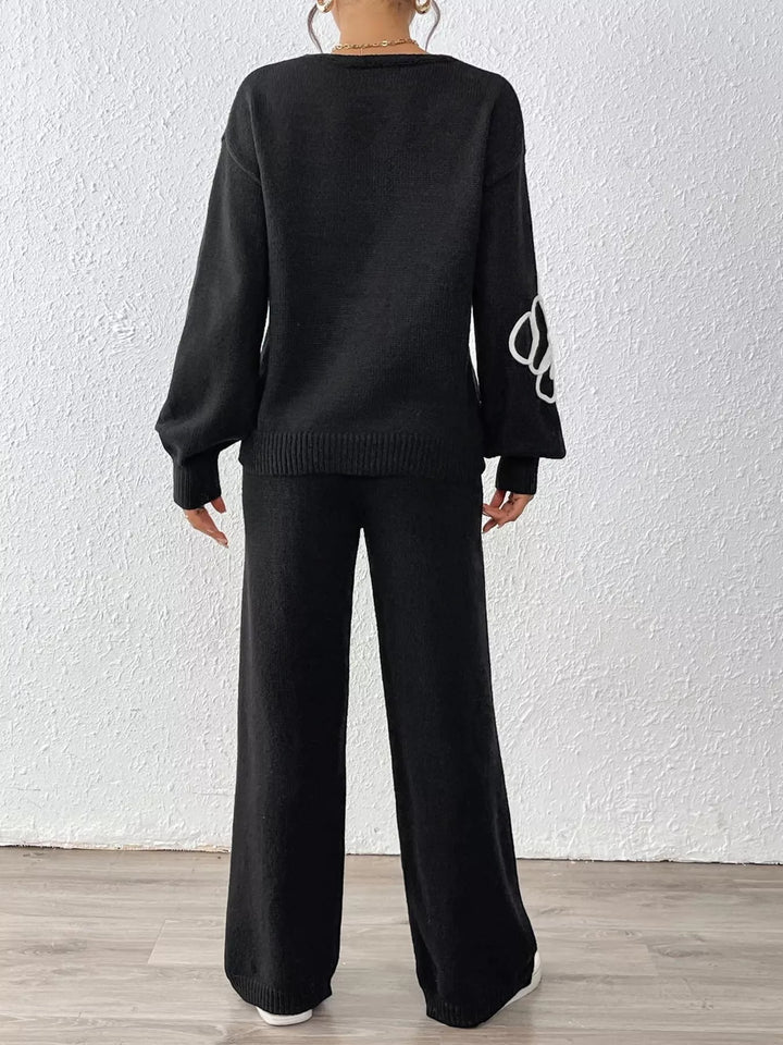Floral embroidered V-neck sweater set with wide-leg pants