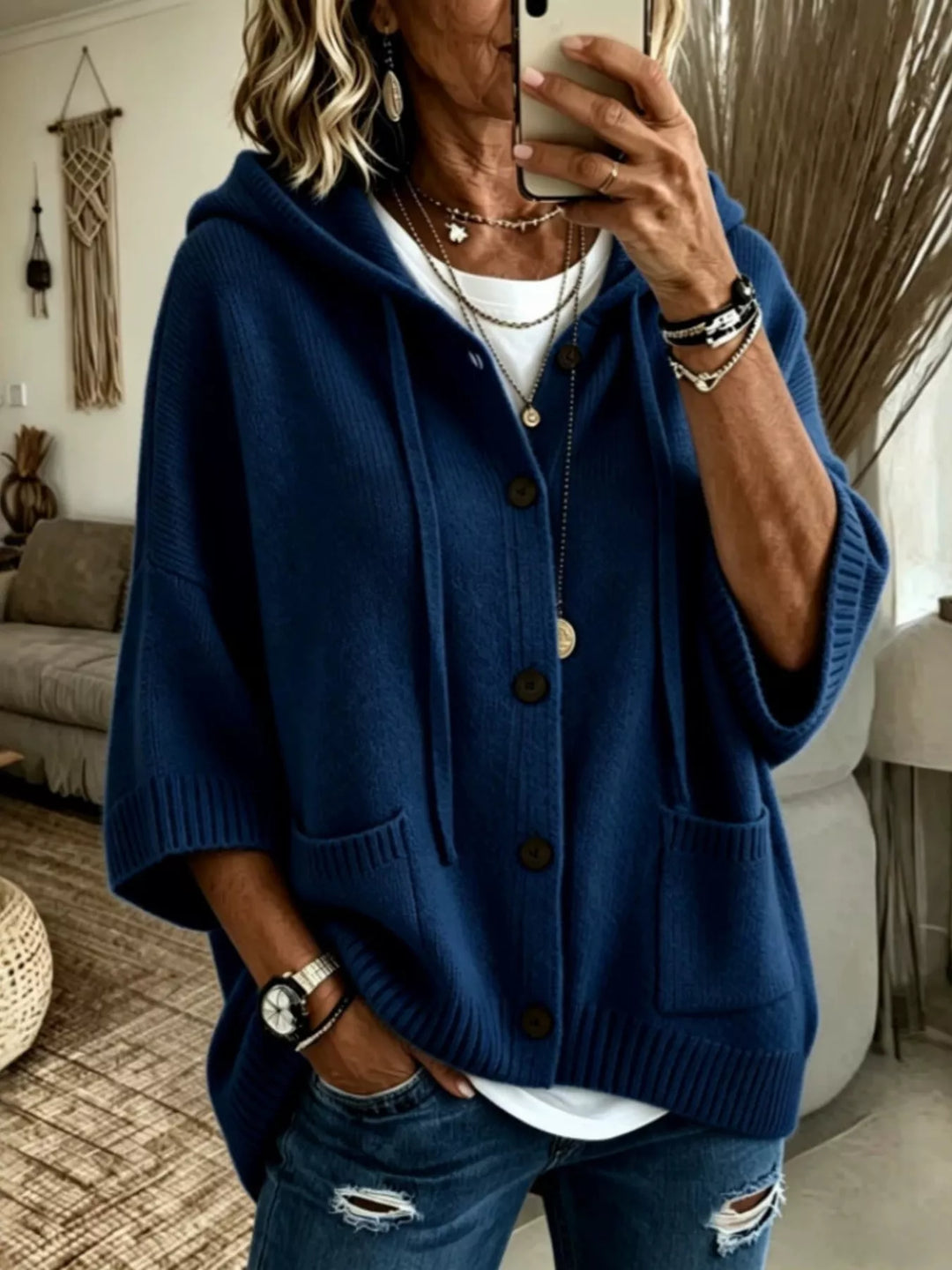 Navy Hooded button-down knit cardigan with patch pockets