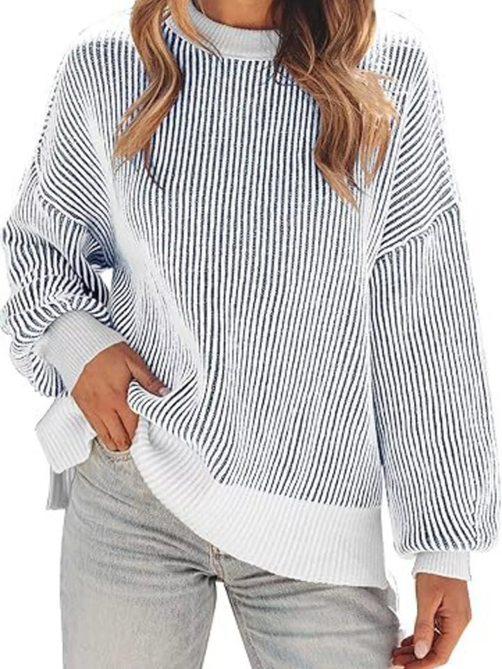 Light Blue Striped ribbed knit drop shoulder sweater with side slits