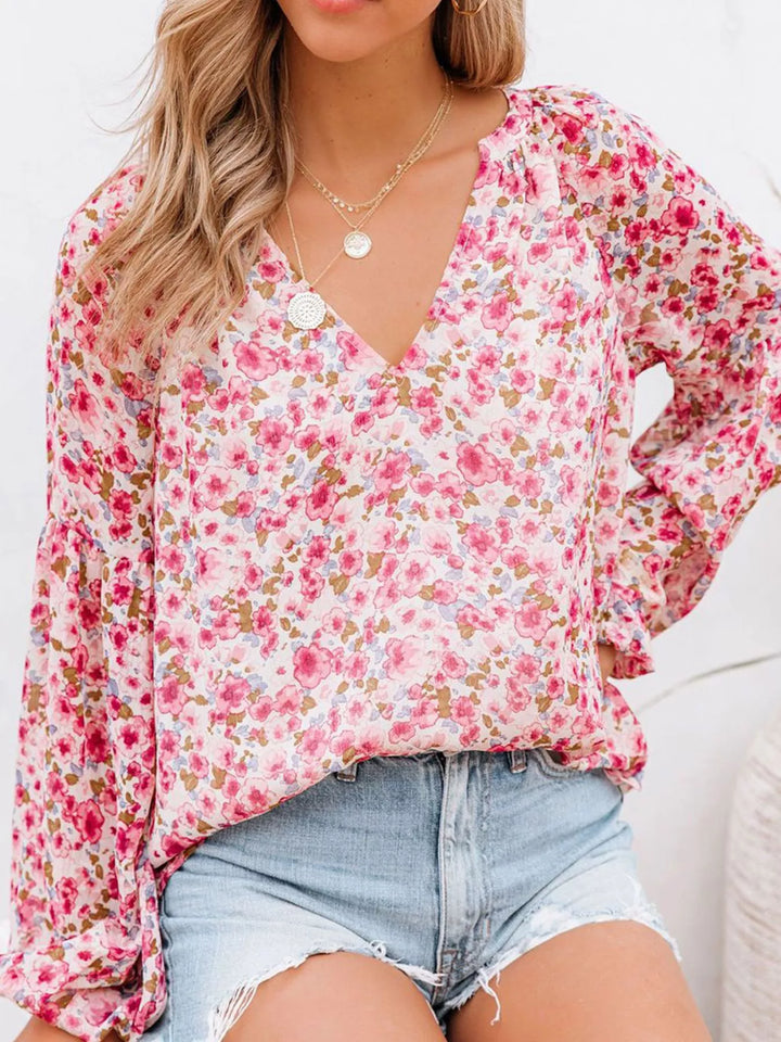 Pink Floral print V-neck button-front blouse with long sleeves