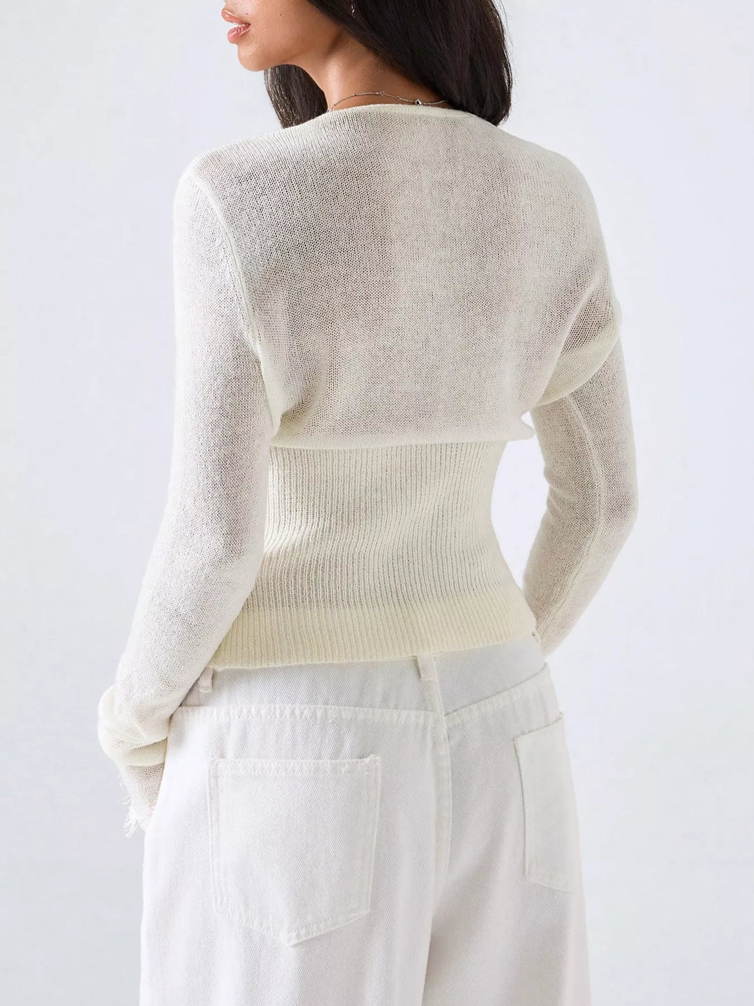 Lace-trim deep V-neck button-front cropped knit cardigan