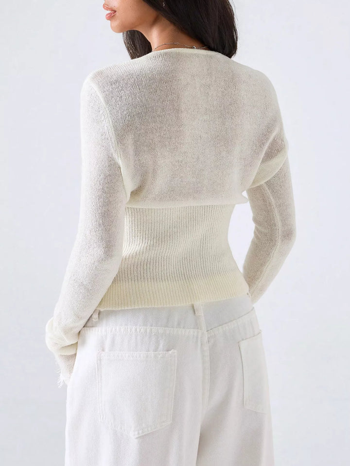 Lace-trim deep V-neck button-front cropped knit cardigan