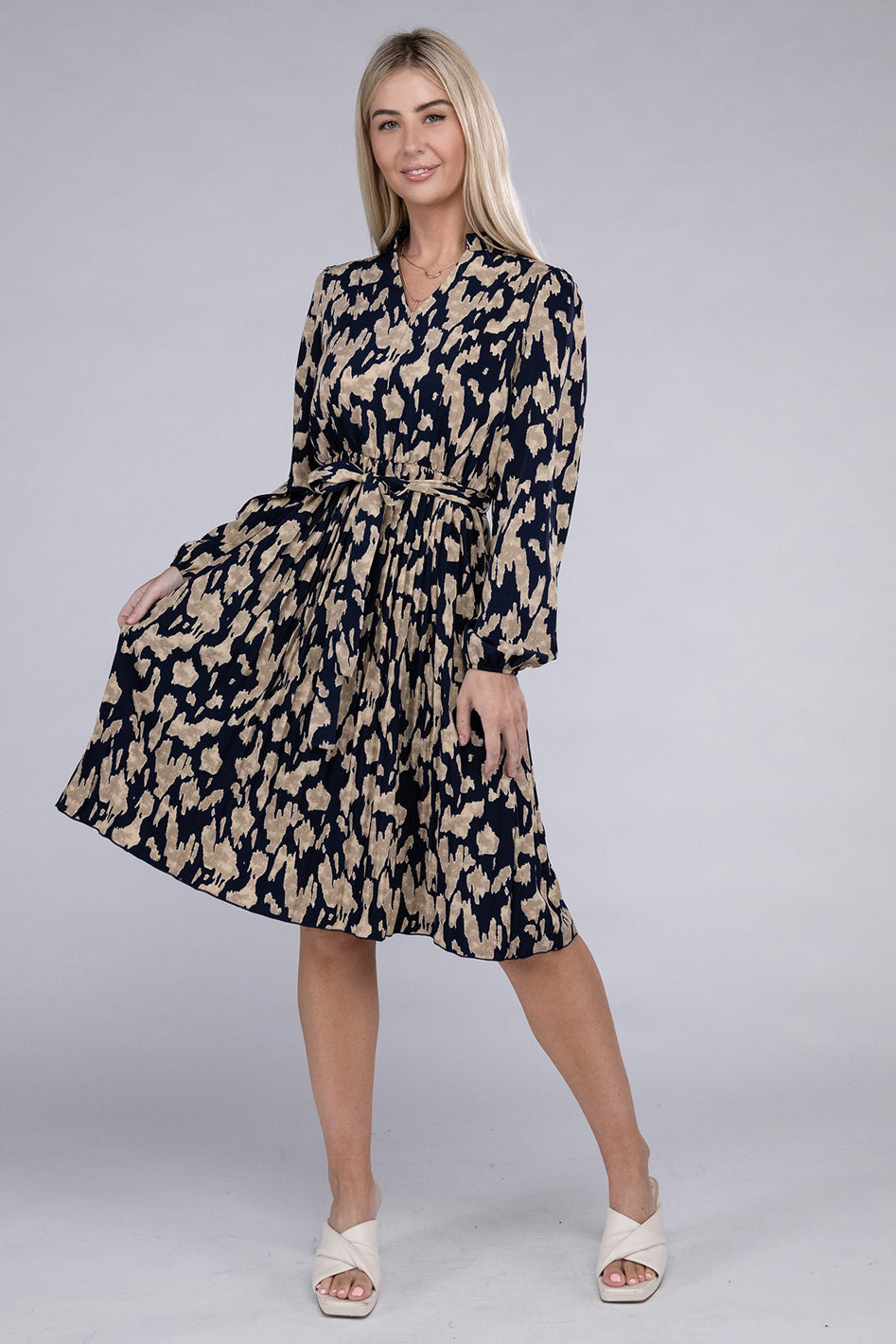Allover Print Pleated Belted Dress - Azoroh