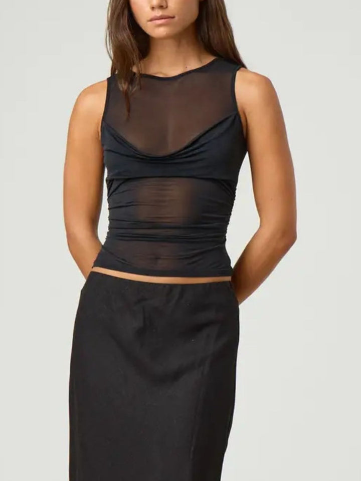 Black Ruched sheer mesh sleeveless round neck tank top