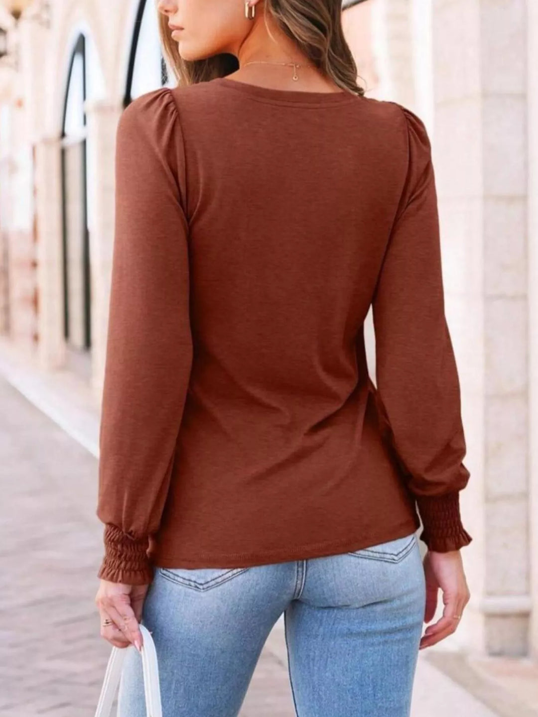 Pintuck front crew neck top with smocked lantern sleeves