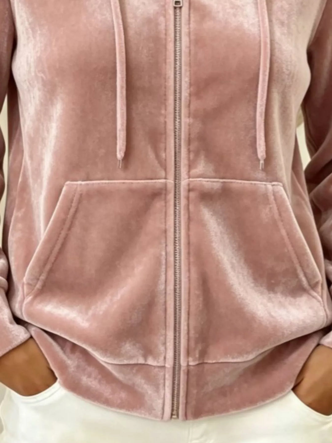 Velvet zip-up hoodie jacket with drawstring and front pockets