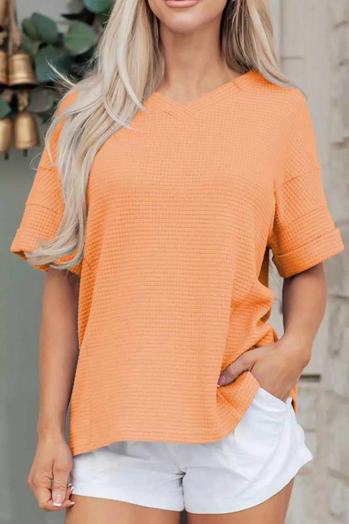 Waffle knit V-neck tee with cuffed short sleeves