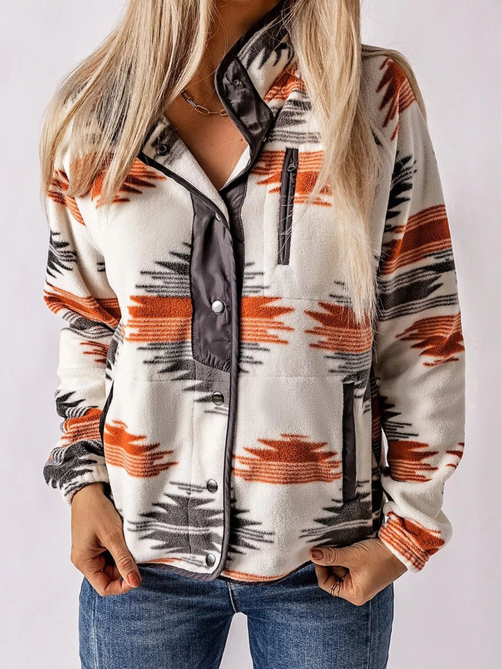 Gray Aztec print fleece snap-front jacket with zip chest pocket