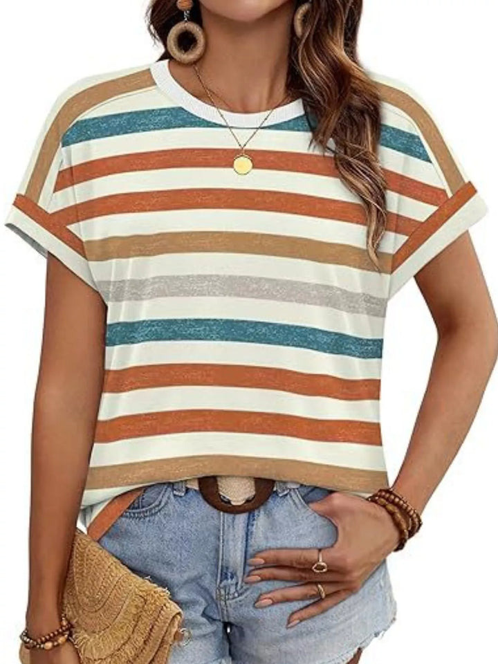 Multicolor striped crew neck short sleeve t-shirt