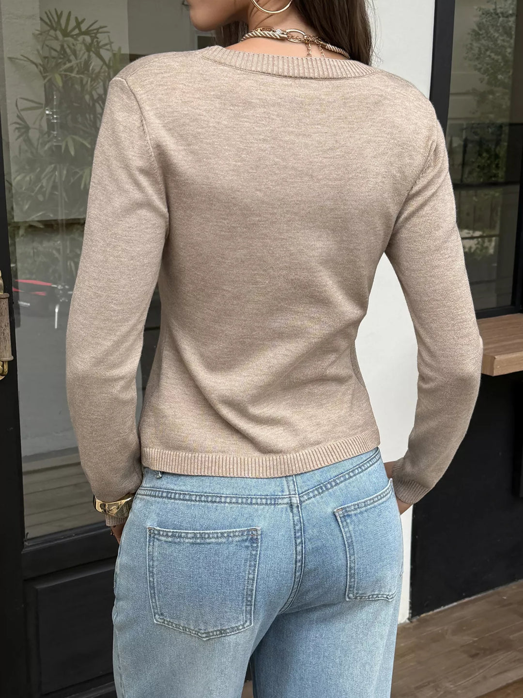 Ribbed-trim V-neck button-front knit cardigan