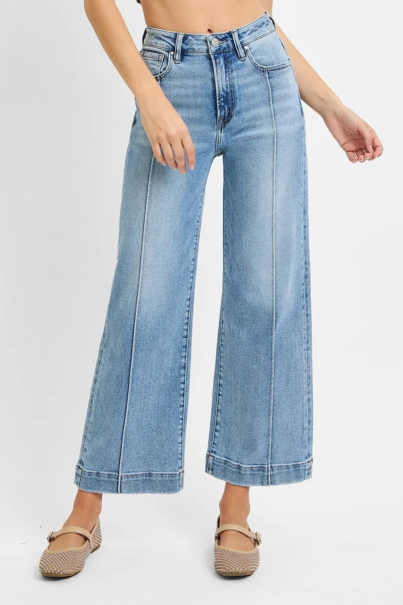 High-rise wide leg crop jeans with front seam detail