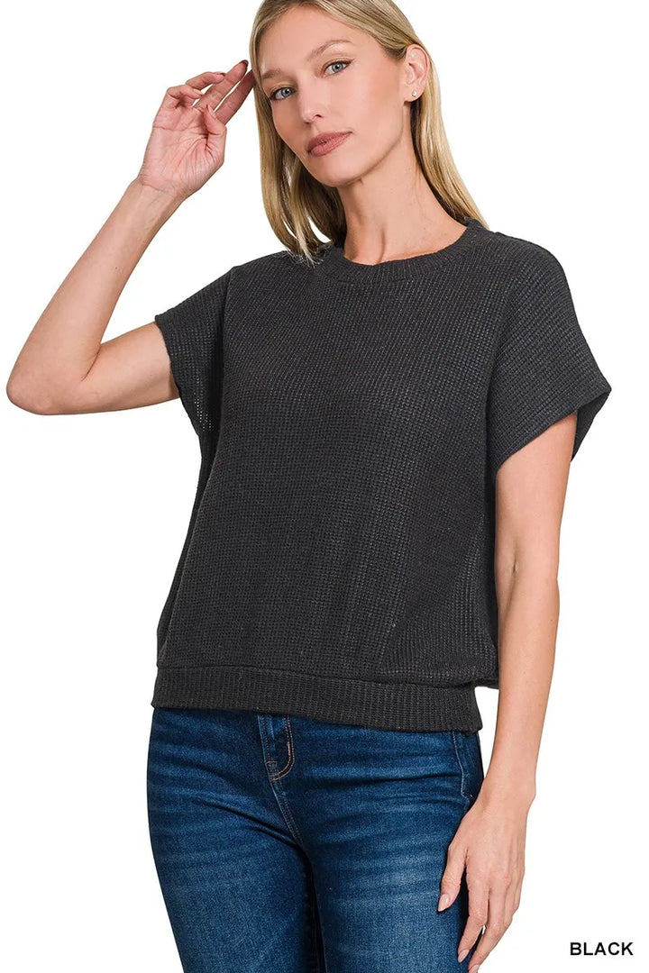 BLACK Waffle knit short sleeve sweater with banded hem