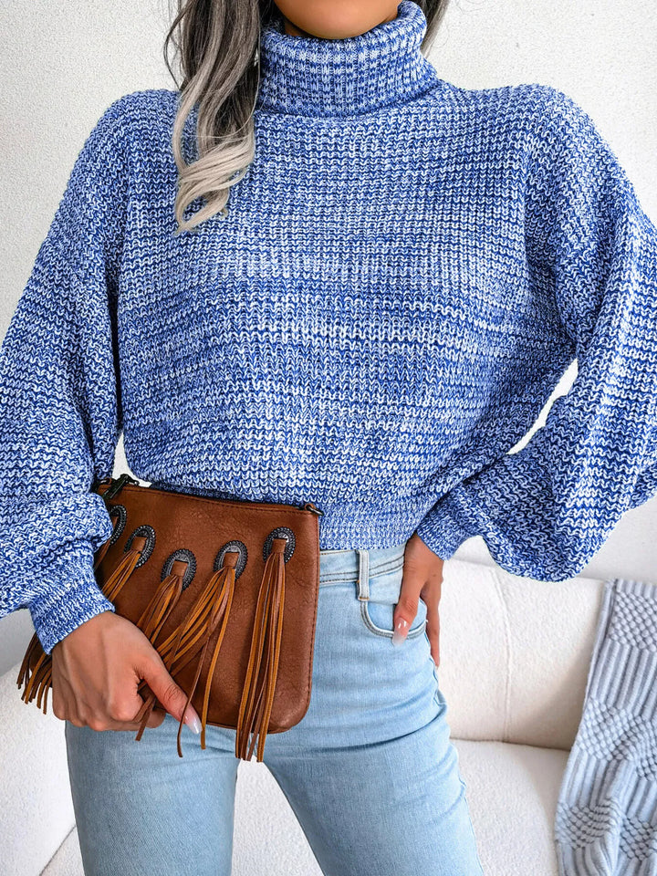 Waffle knit turtleneck sweater with dropped shoulders