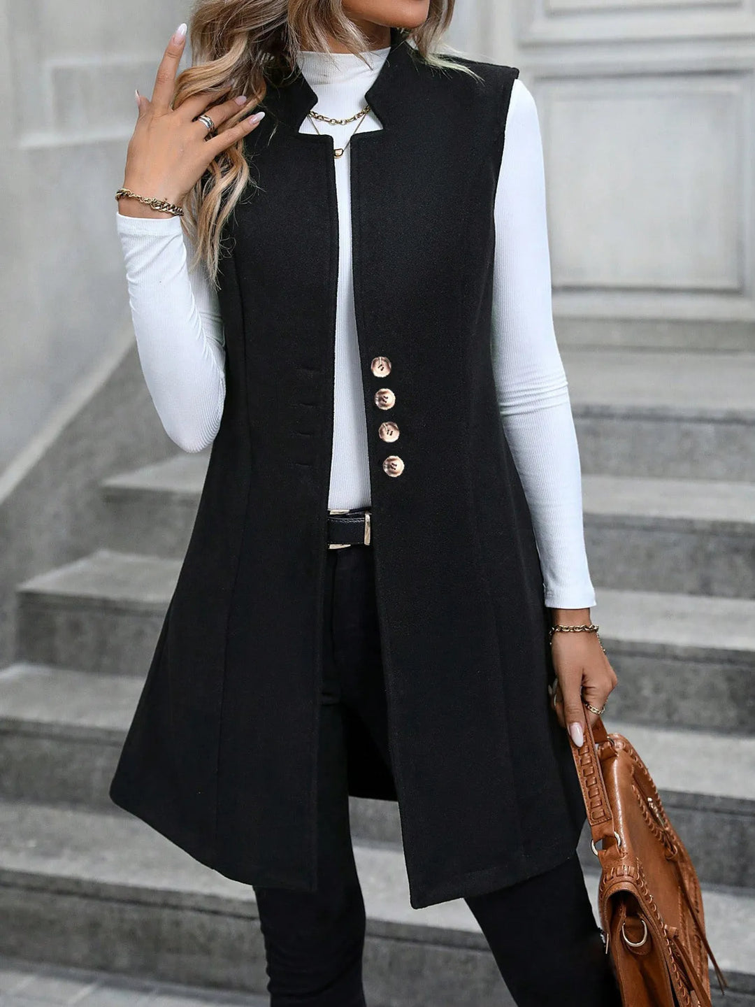 Longline sleeveless vest coat with button front