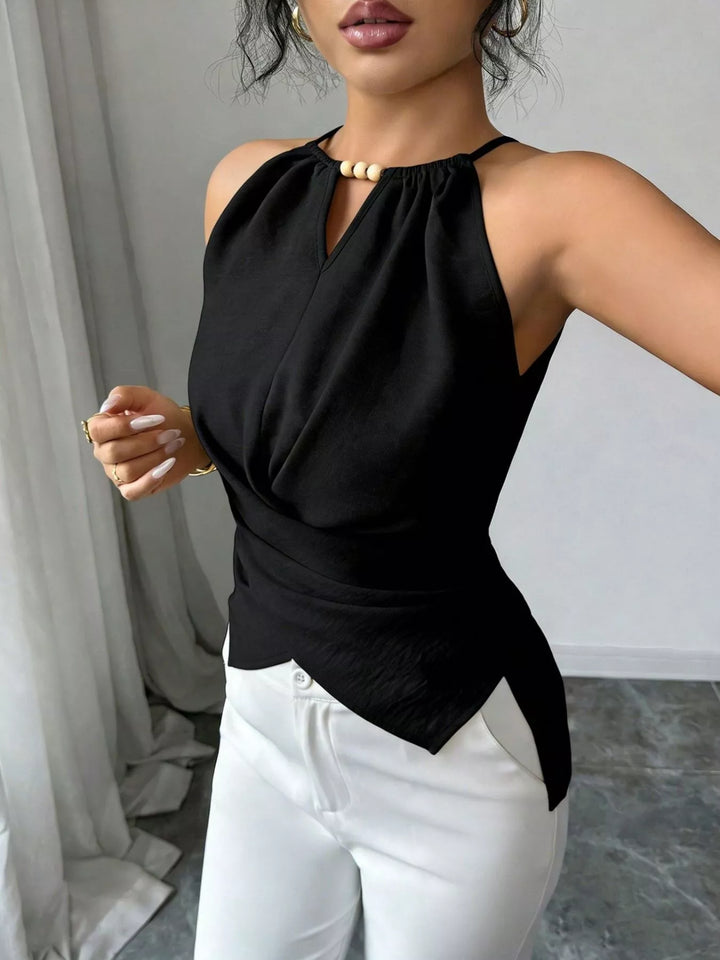 Crisscross wrap halter cami with bead neckline detail