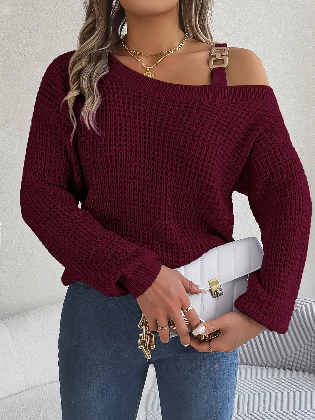 Asymmetrical cold-shoulder openwork knit sweater with chain strap