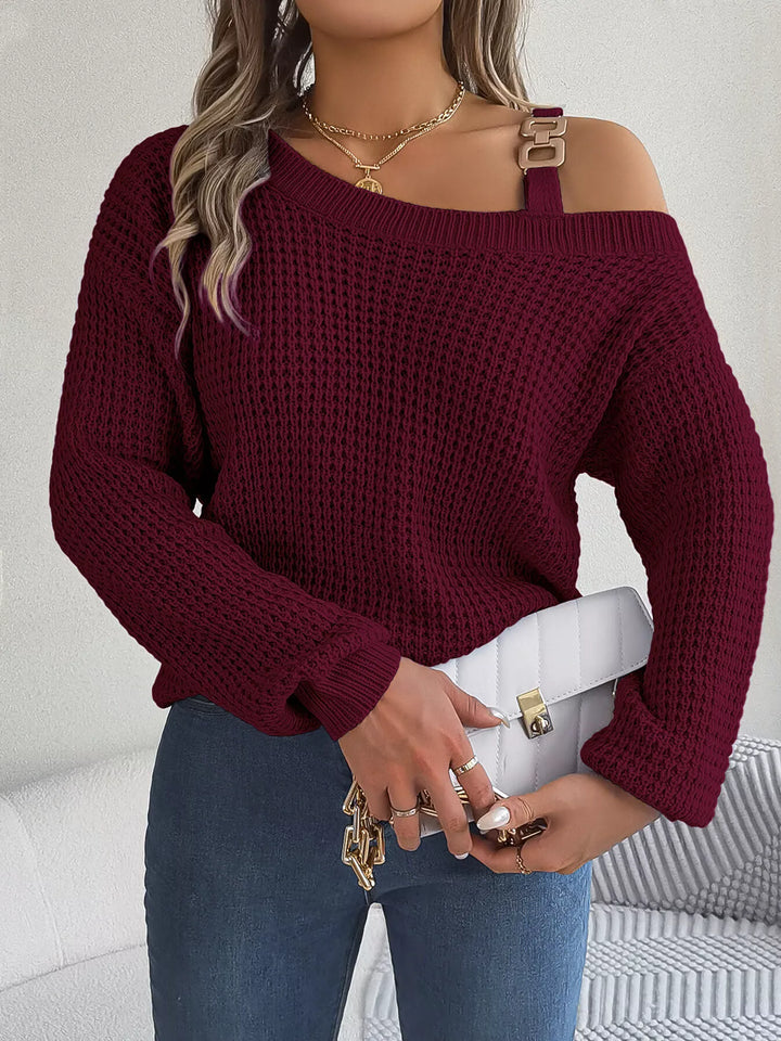 Asymmetrical cold-shoulder openwork knit sweater with chain strap