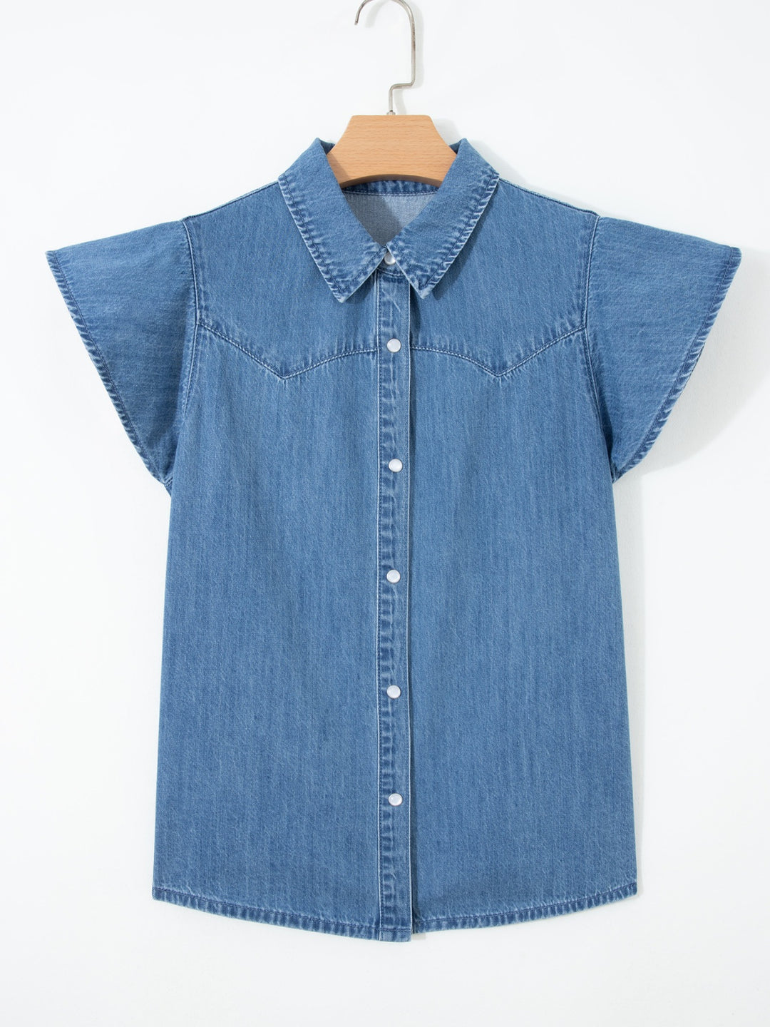 Ruffle sleeve denim button-down shirt with pearl snaps