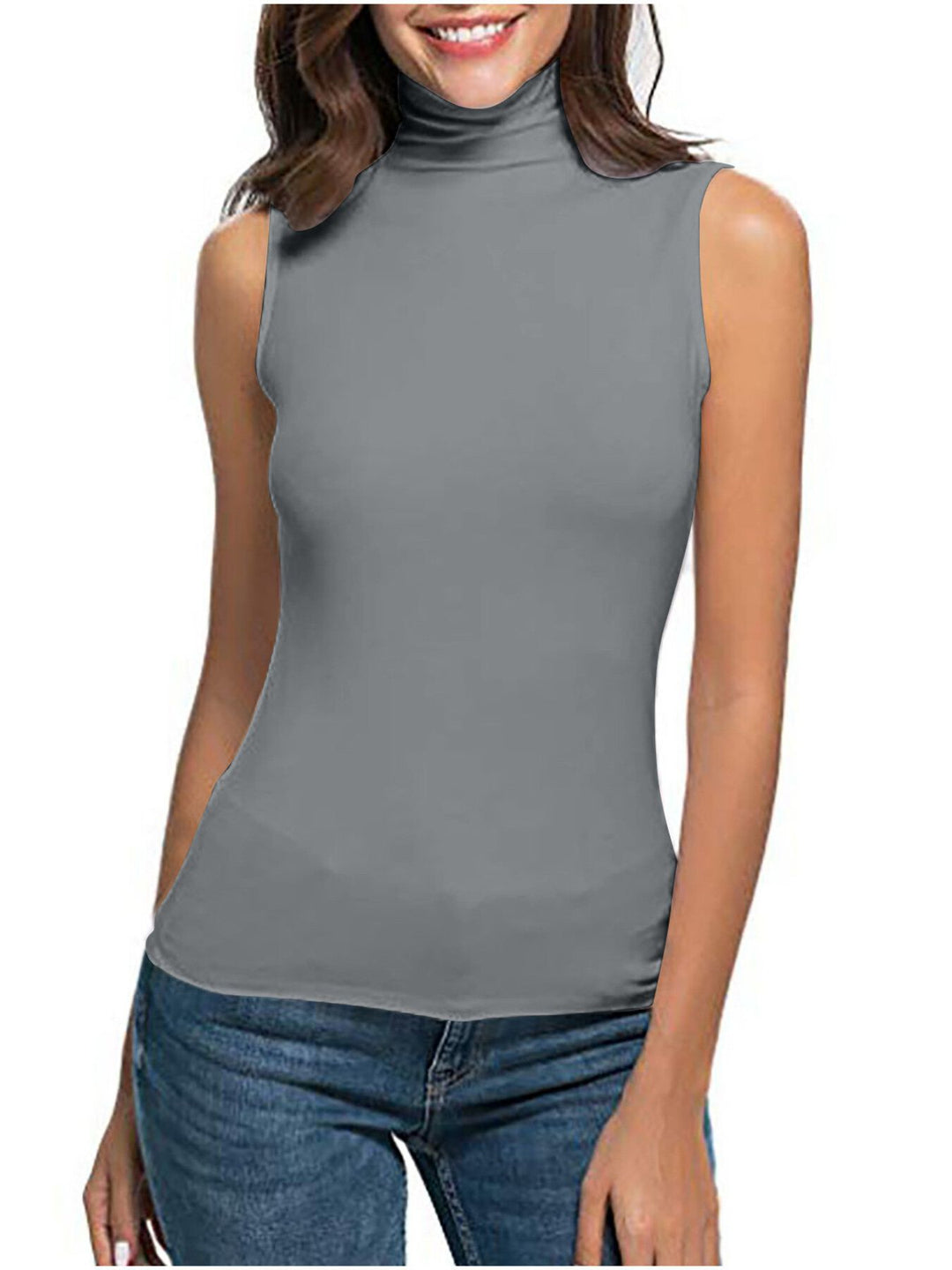 Grey Sleeveless turtleneck slim-fit knit top