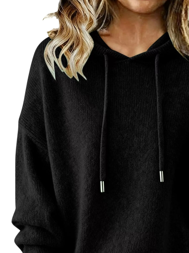 Drawstring hooded knit sweater with ribbed cuffs