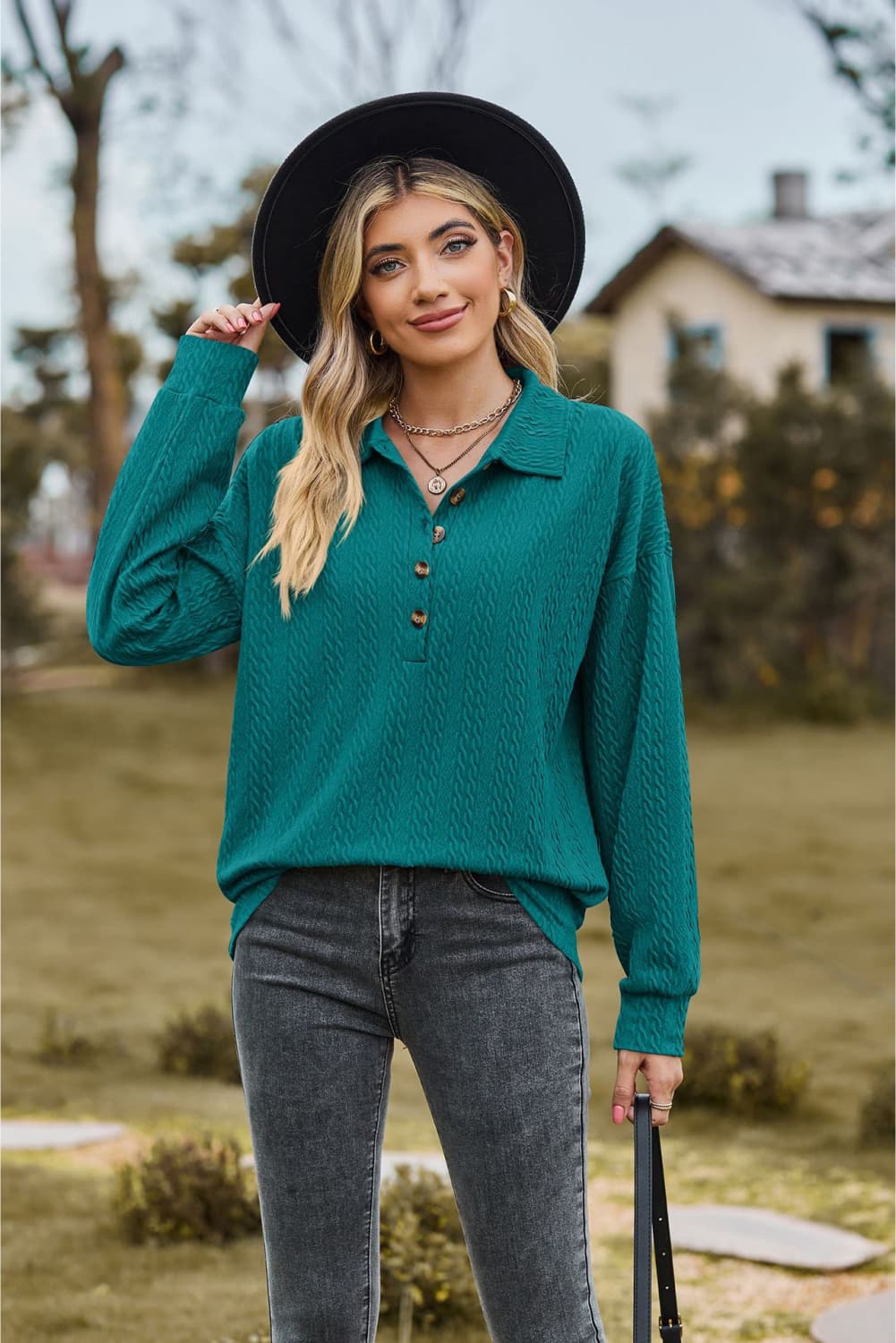 Turquoise Textured knit collared top with half-button placket