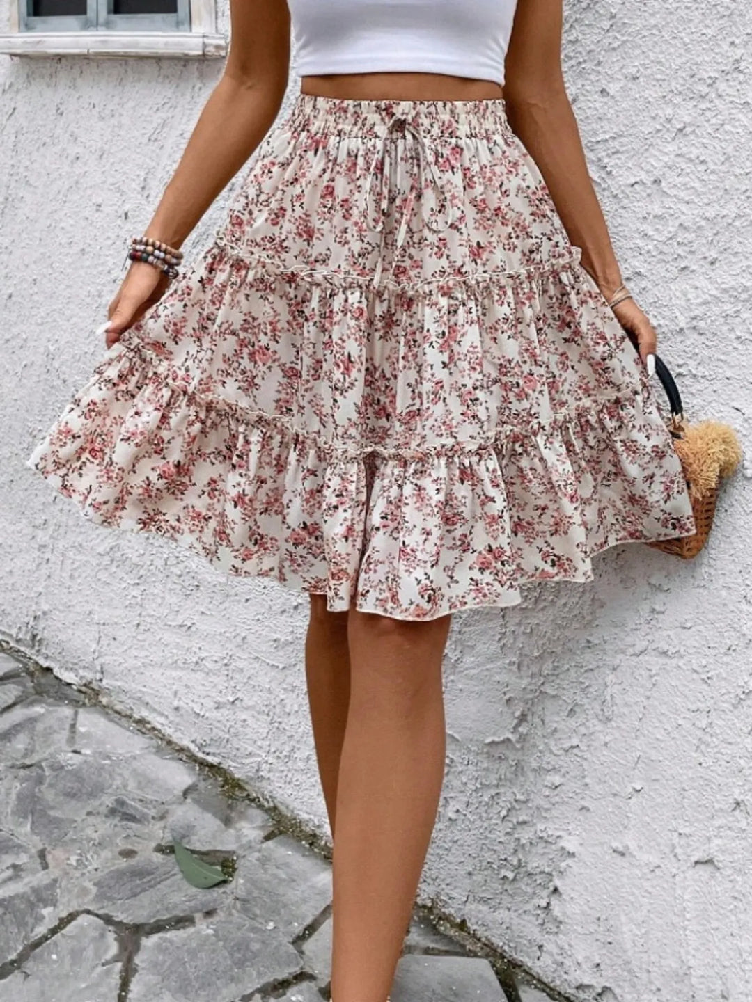 Floral print tiered ruffle mini skirt