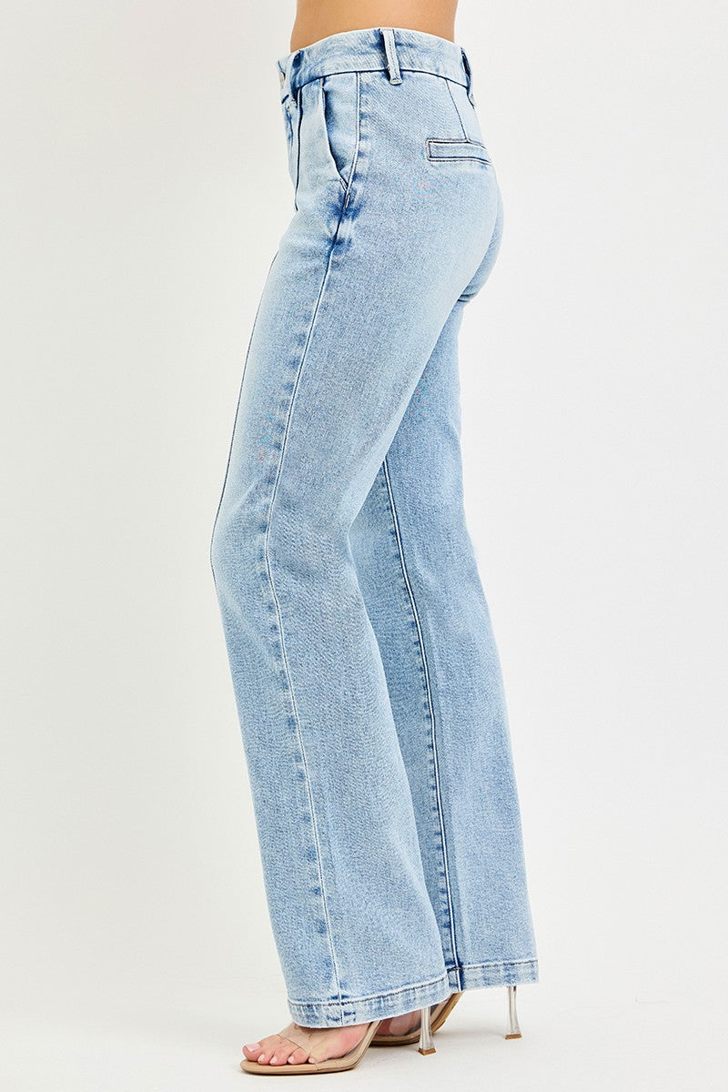 Pin tuck high rise straight leg jeans with tummy control