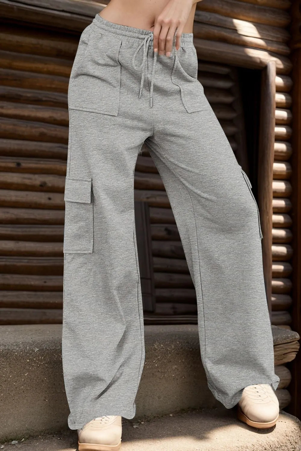 Gray Drawstring wide-leg cargo pants with side pockets