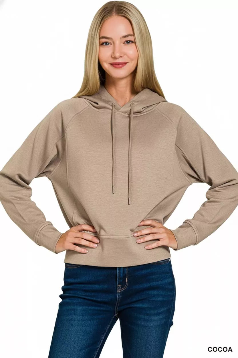 Scuba knit drawstring hoodie with banded hem