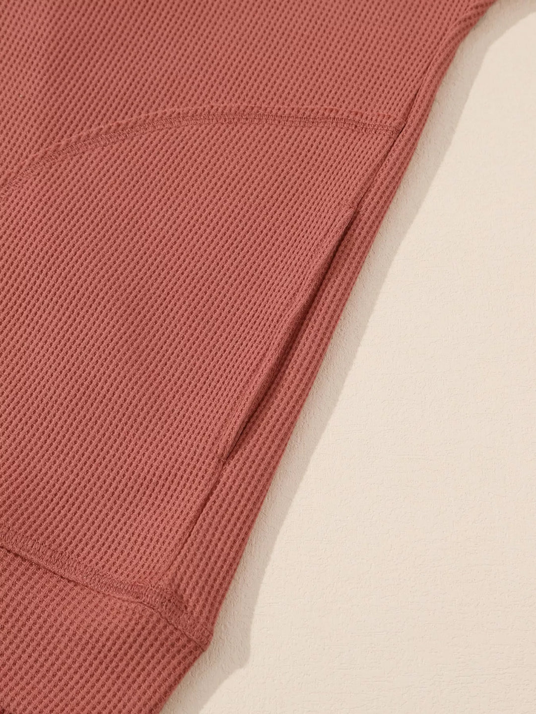 Waffle knit V-neck drawstring pullover hoodie