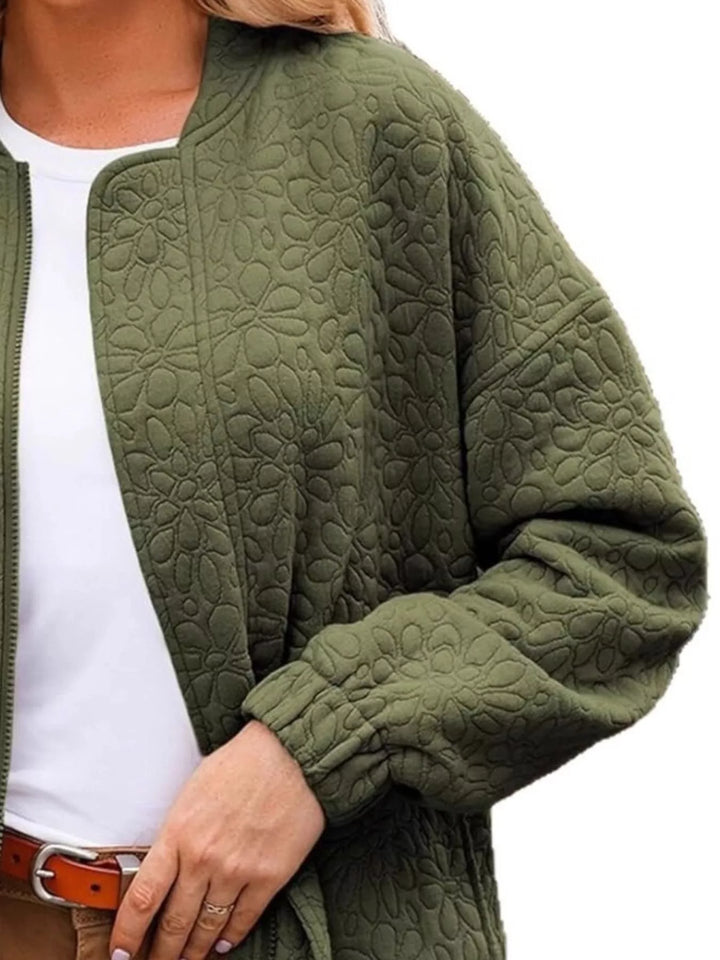 Floral quilted zip-up bomber jacket with pockets