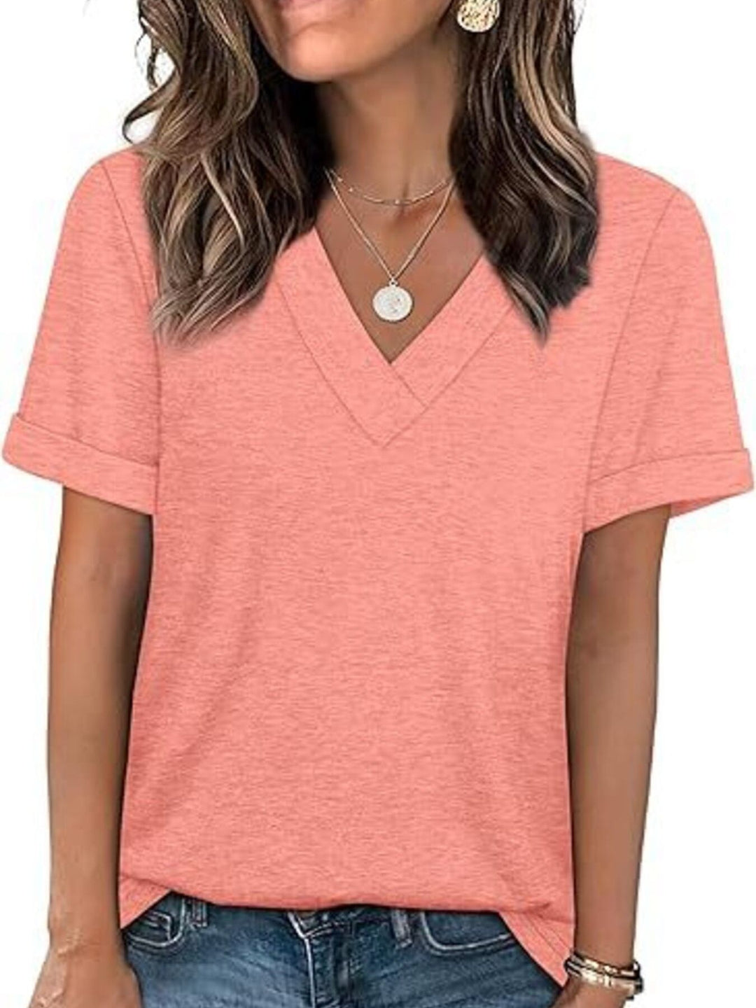Pink Relaxed V-neck short sleeve tee with rolled cuffs