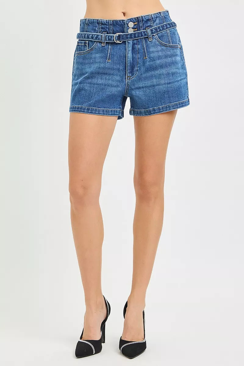Belted double-button high-rise denim shorts