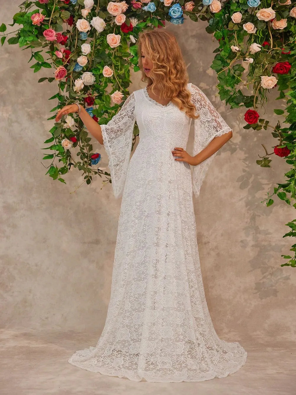 Lace V-neck bell sleeve floor-length maxi dress