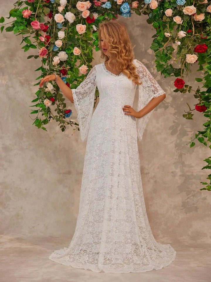 Lace V-neck bell sleeve floor-length maxi dress