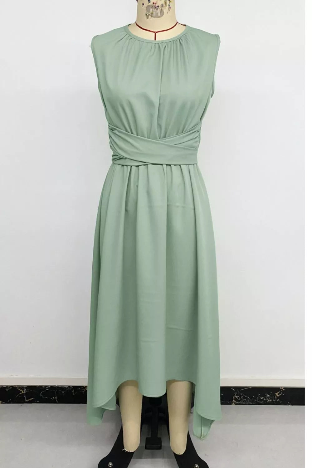 Sleeveless twist-front high-low A-line midi dress
