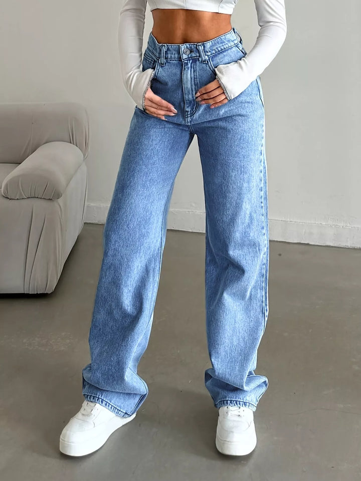 Blue High-rise wide leg denim jeans with side pockets