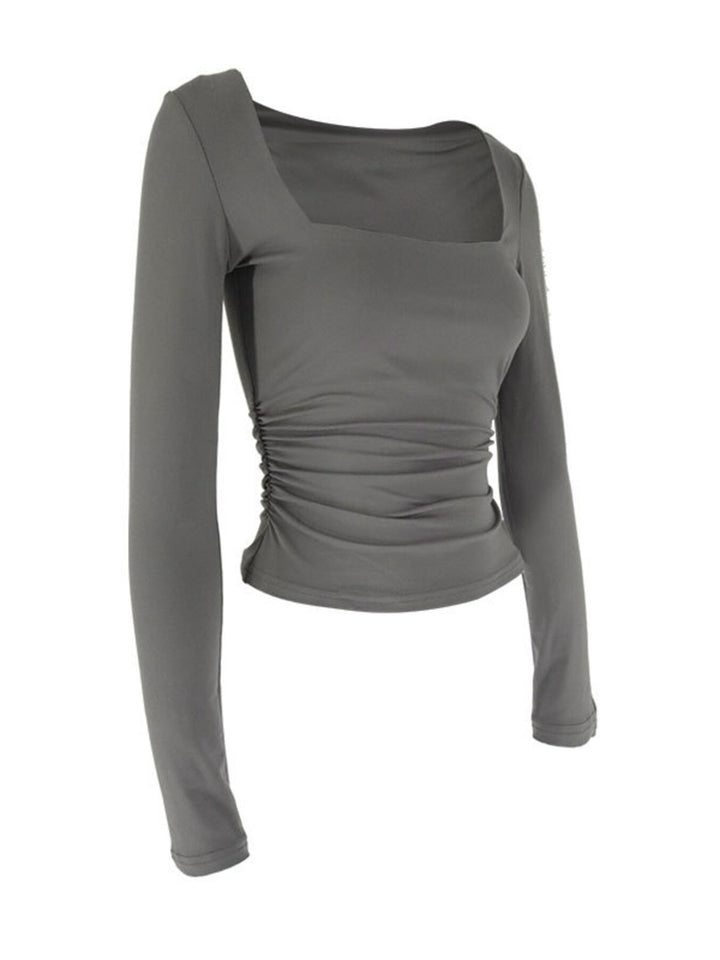 Square neck slim-fit long sleeve top with ruched sides