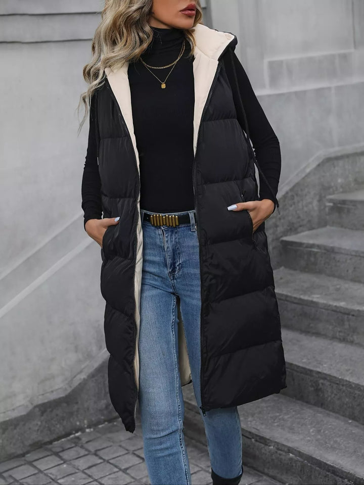 Black Apricot Longline hooded puffer vest with zip pockets