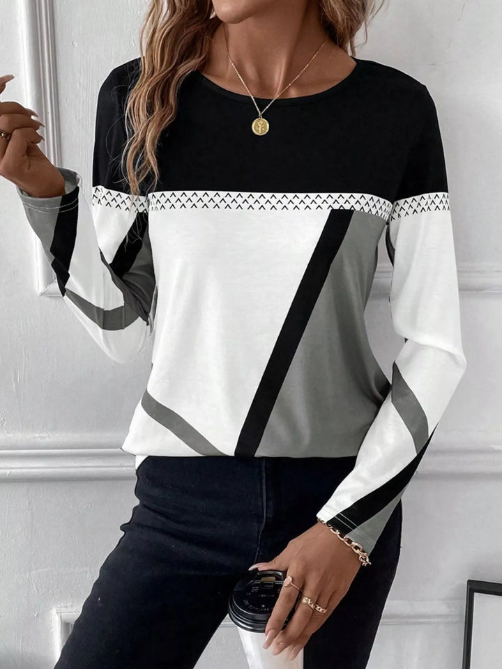 Geometric color block long sleeve crew neck top