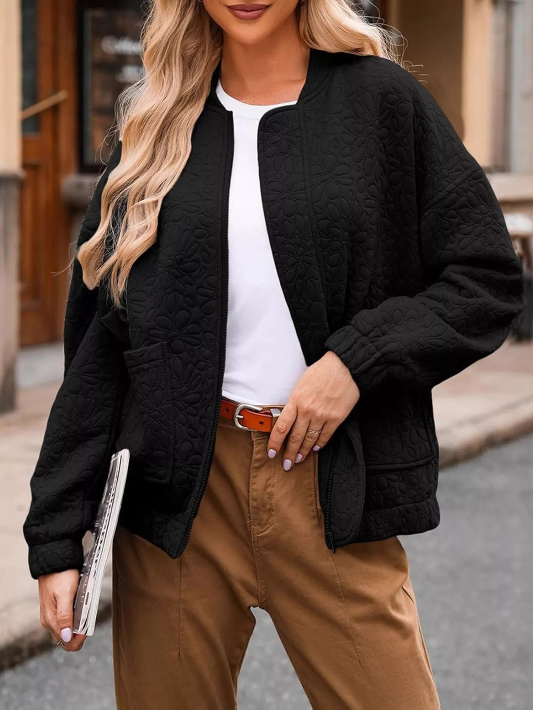 Black Floral quilted zip-up bomber jacket with pockets