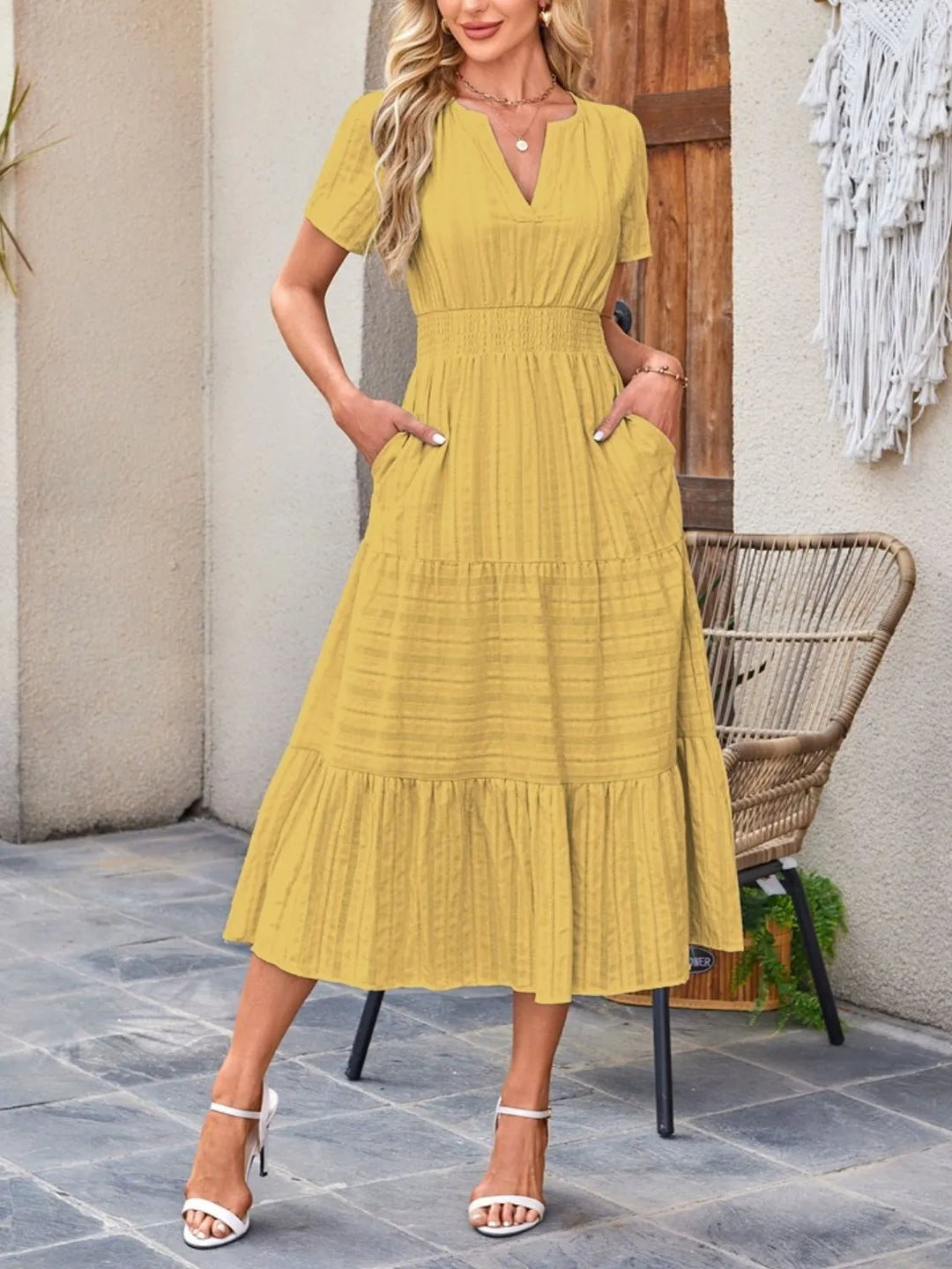 Chartreuse Tiered notched neck short sleeve midi dress with pockets