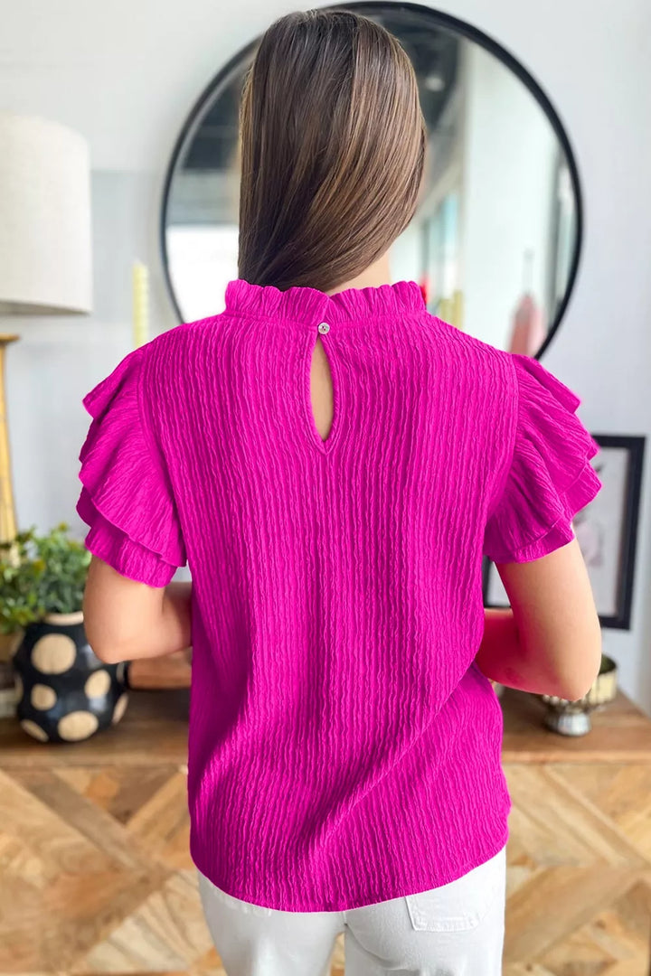 Crinkle-textured mock neck blouse with ruffle sleeves